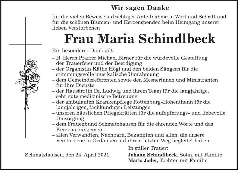 Traueranzeige Maria Schindlbeck