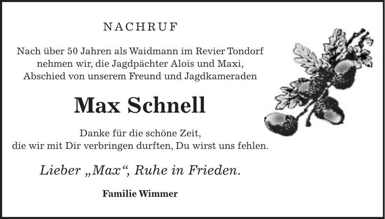 Traueranzeige Max Wimmer