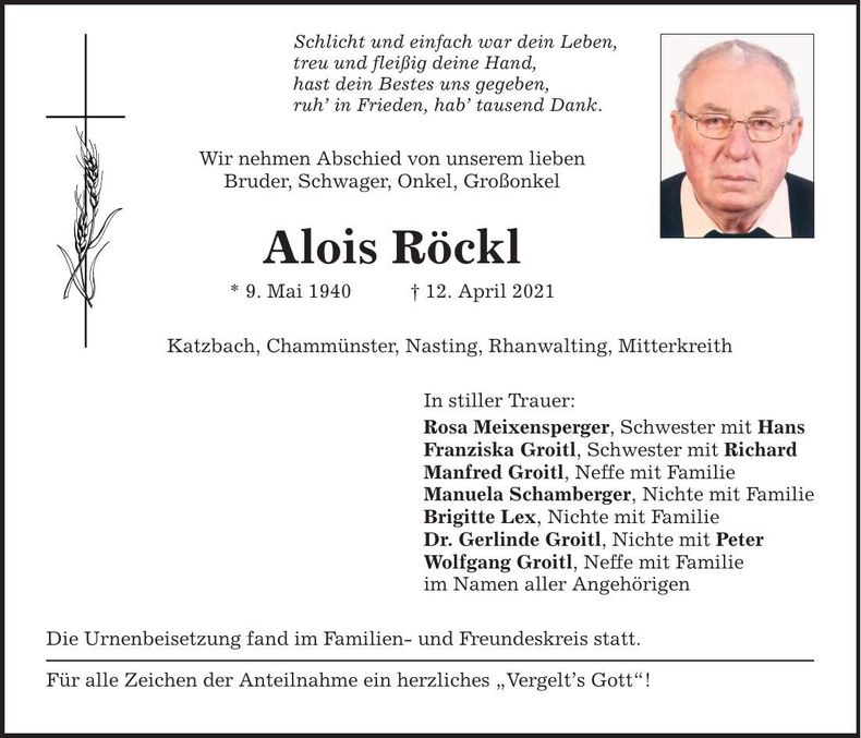 Traueranzeige Alois Röckl