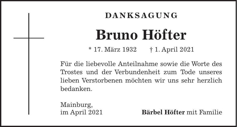 Traueranzeige Bruno Höfter