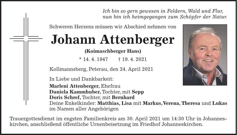 Traueranzeige Johann Attenberger