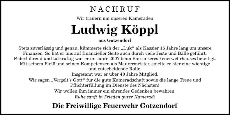 Traueranzeige Ludwig Köppl