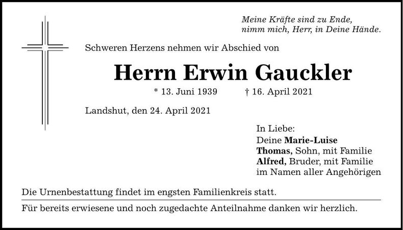 Traueranzeige Erwin Gauckler