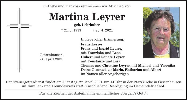 Traueranzeige Martina Leyrer