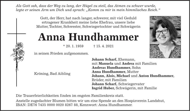 Traueranzeige Anna Hundhammer