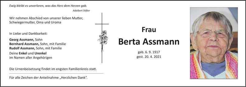 Traueranzeige Berta Assmann