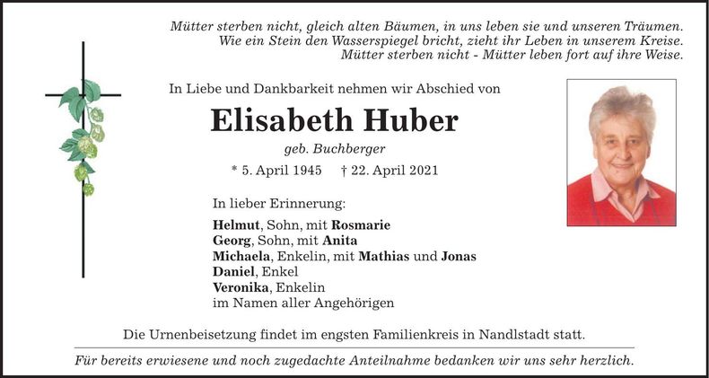 Traueranzeige Elisabeth Huber
