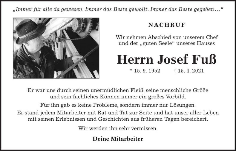 Traueranzeige Josef Fuß