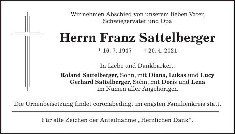 Traueranzeige Franz Sattelberger