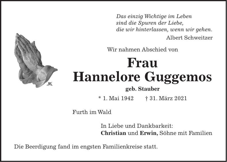 Traueranzeige Hannelore Guggemos