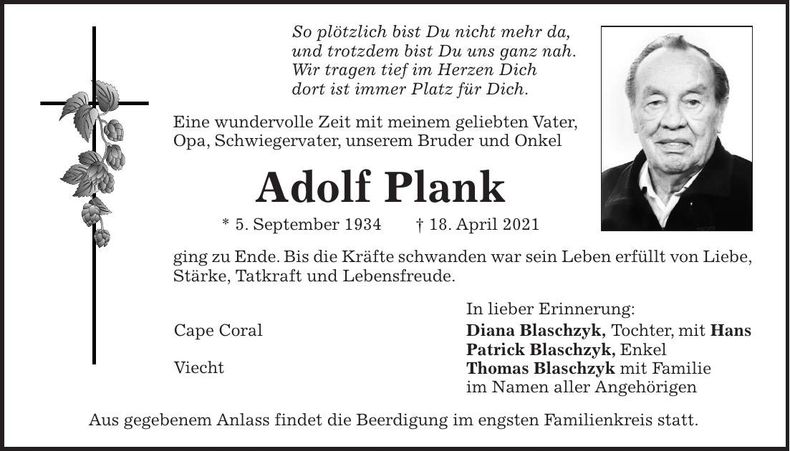 Traueranzeige Adolf Plank