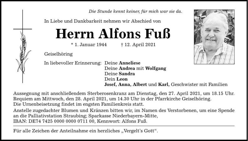 Traueranzeige Alfons Fuß