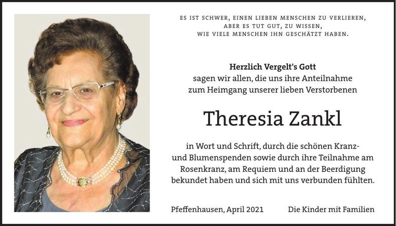 Traueranzeige Theresia Zankl
