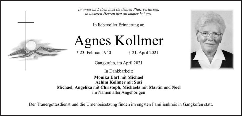 Traueranzeige Agnes Kollmer
