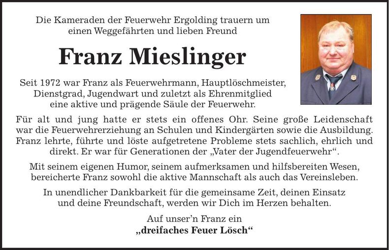 Traueranzeige Franz Mieslinger