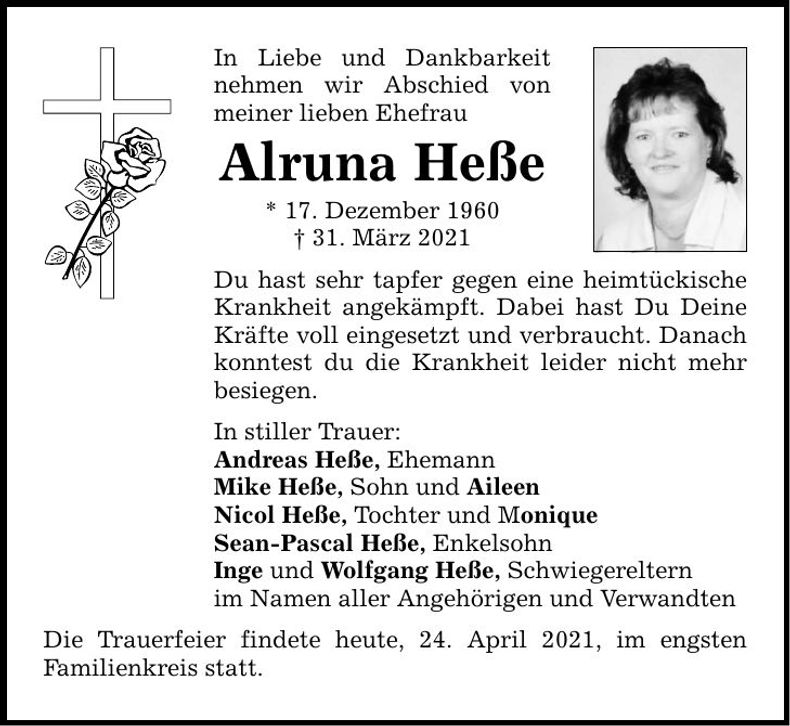 Traueranzeige Alruna Heße