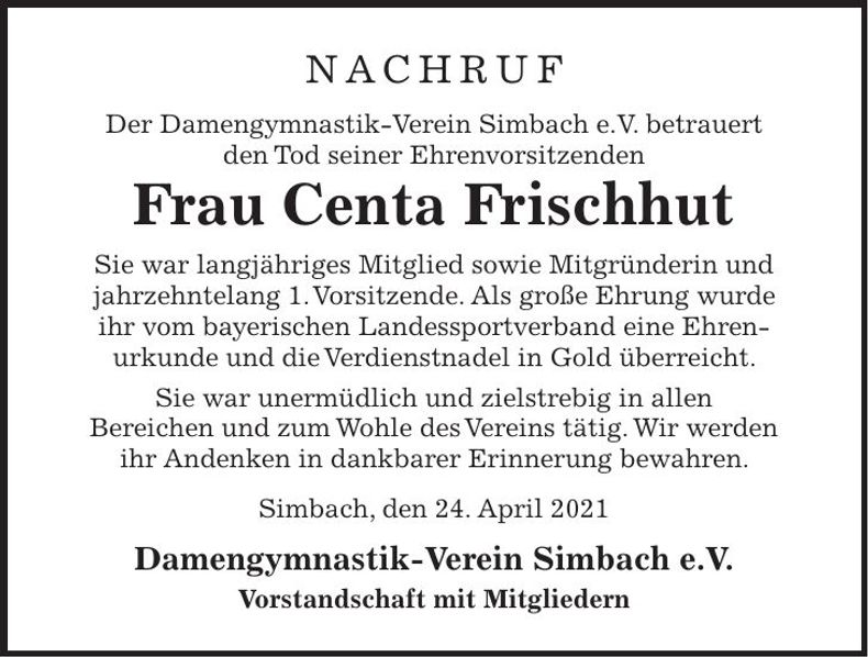 Traueranzeige Centa Frischhut