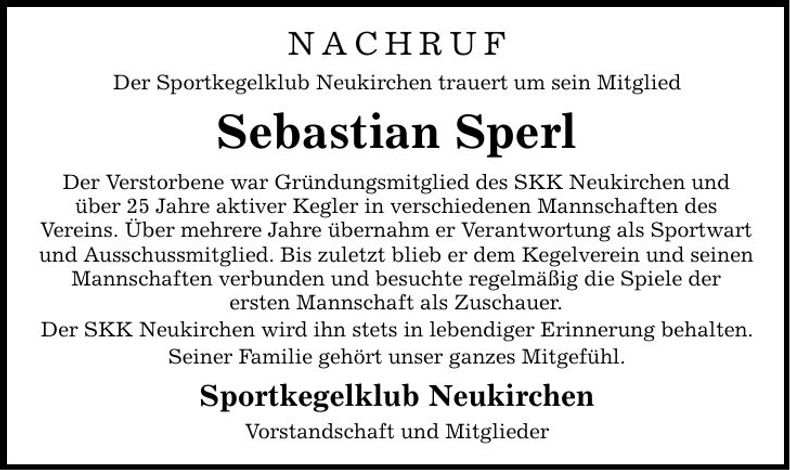 Traueranzeige Sebastian Sperl