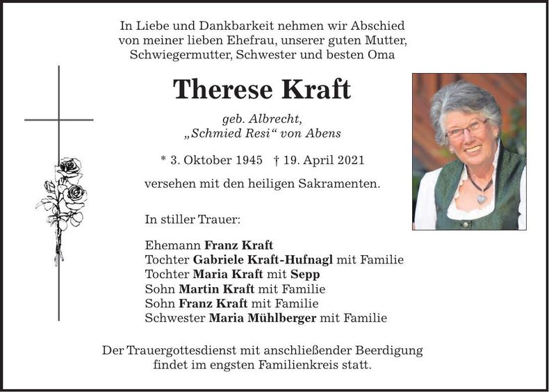 Traueranzeige Therese Kraft