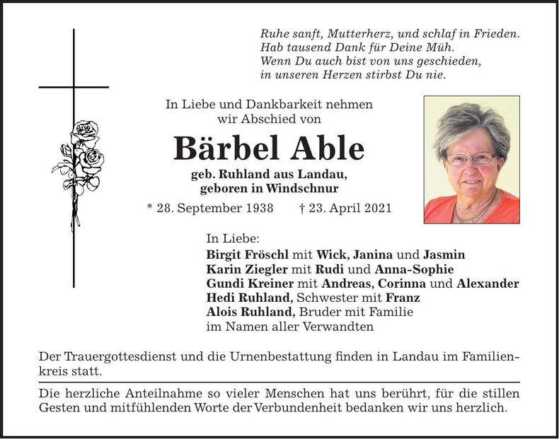 Traueranzeige Bärbel Able