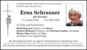 Traueranzeige Erna Schranner