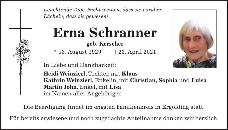 Traueranzeige Erna Schranner