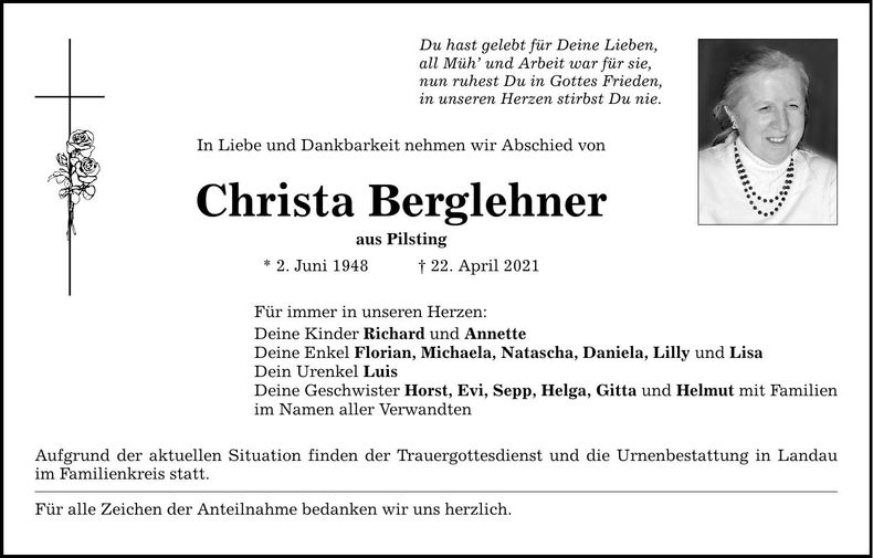 Traueranzeige Christa Berglehner