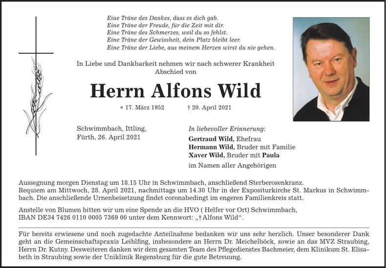 Traueranzeige Alfons Wild
