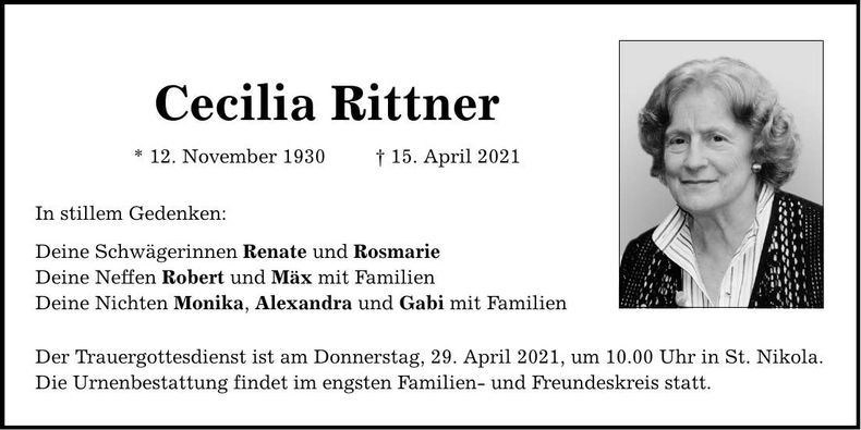 Traueranzeige Cecilia Rittner