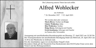 Traueranzeige Alfred Wohlecker
