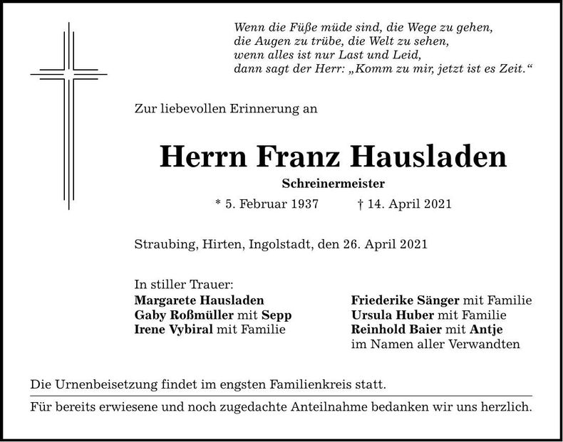 Traueranzeige Franz Hausladen