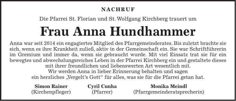 Traueranzeige Anna Hundhammer