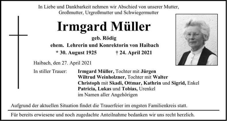 Traueranzeige Irmgard Müller