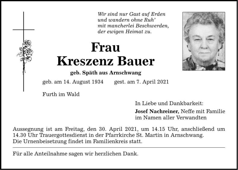 Traueranzeige Kreszenz Bauer