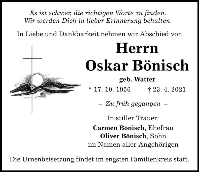 Traueranzeige Oskar Bönisch