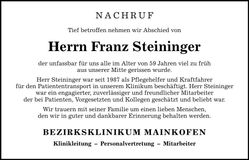 Traueranzeige Franz Steininger