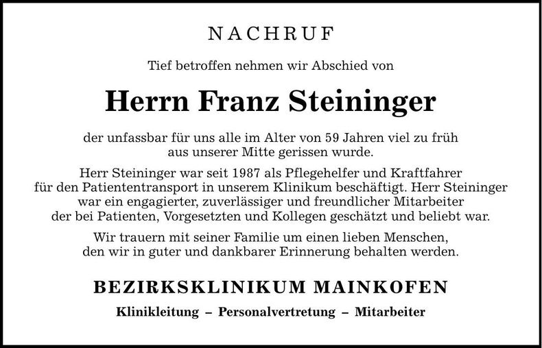 Traueranzeige Franz Steininger