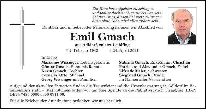 Traueranzeige Emil Gmach