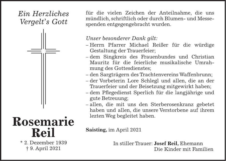 Traueranzeige Rosemarie Reil