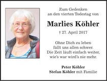 Traueranzeige Marlies Köhler