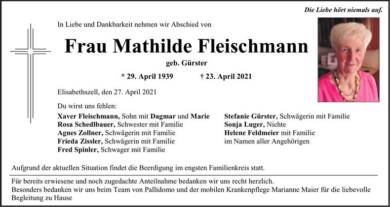 Traueranzeige Mathilde Fleischmann