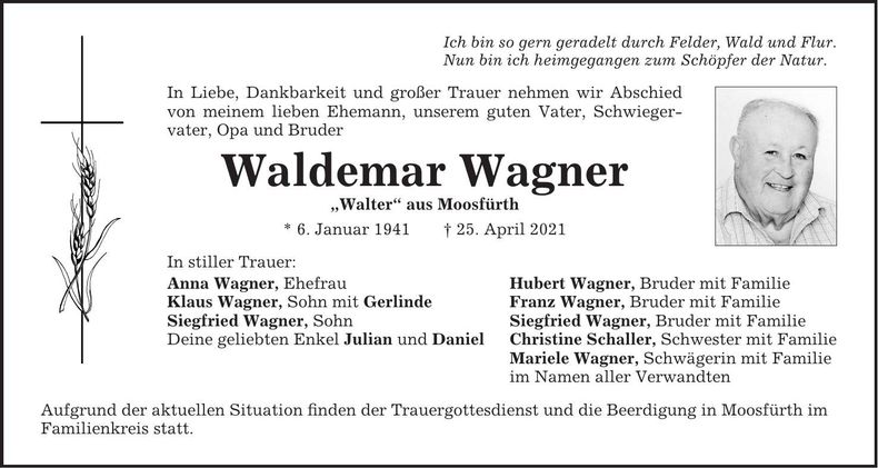 Traueranzeige Waldemar Wagner