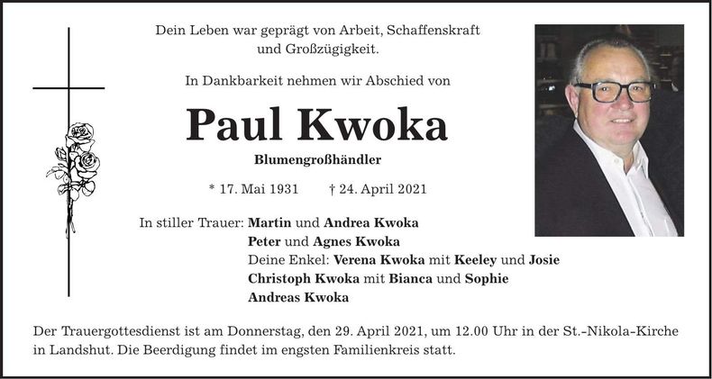 Traueranzeige Paul Kwoka