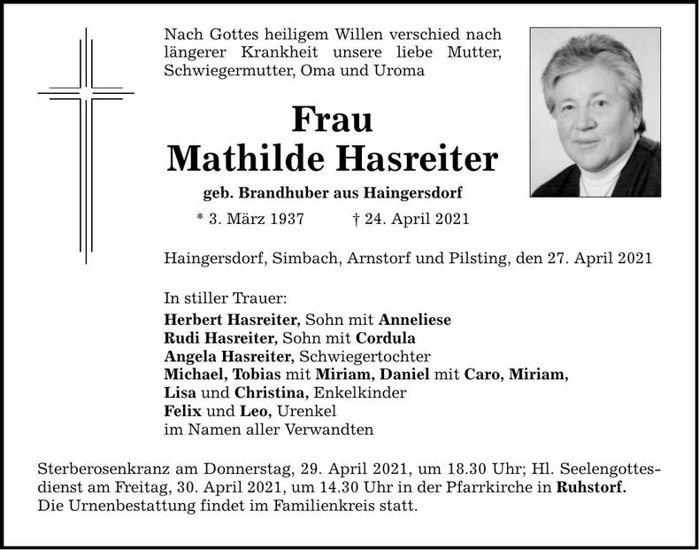 Traueranzeige Mathilde Hasreiter