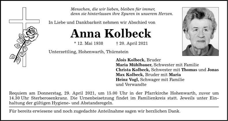 Traueranzeige Anna Kolbeck