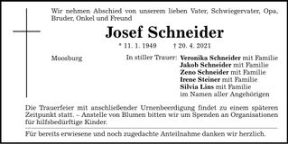 Traueranzeige Josef Schneider