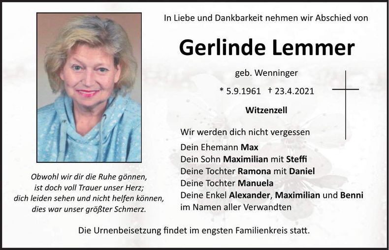 Traueranzeige Gerlinde Lemmer