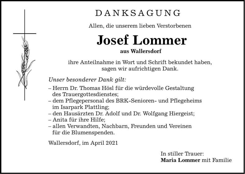 Traueranzeige Josef Lommer