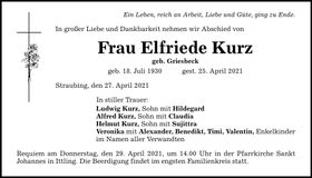 Traueranzeige Elfriede Kurz