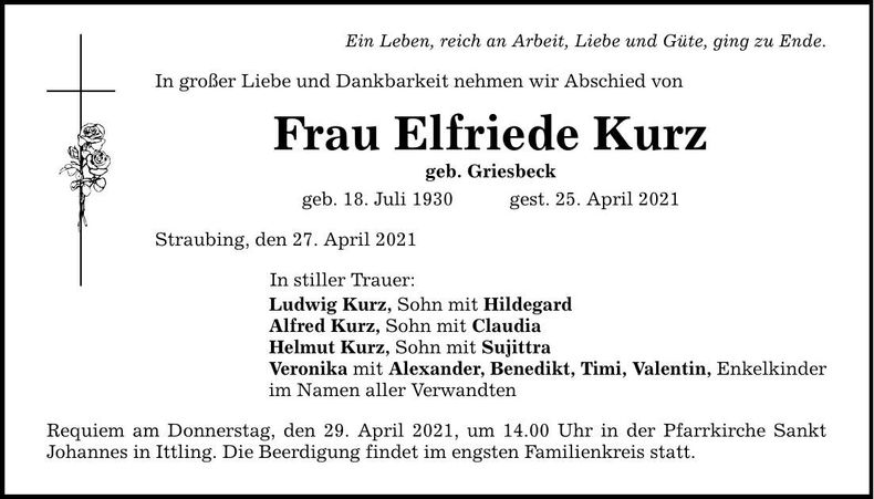 Traueranzeige Elfriede Kurz
